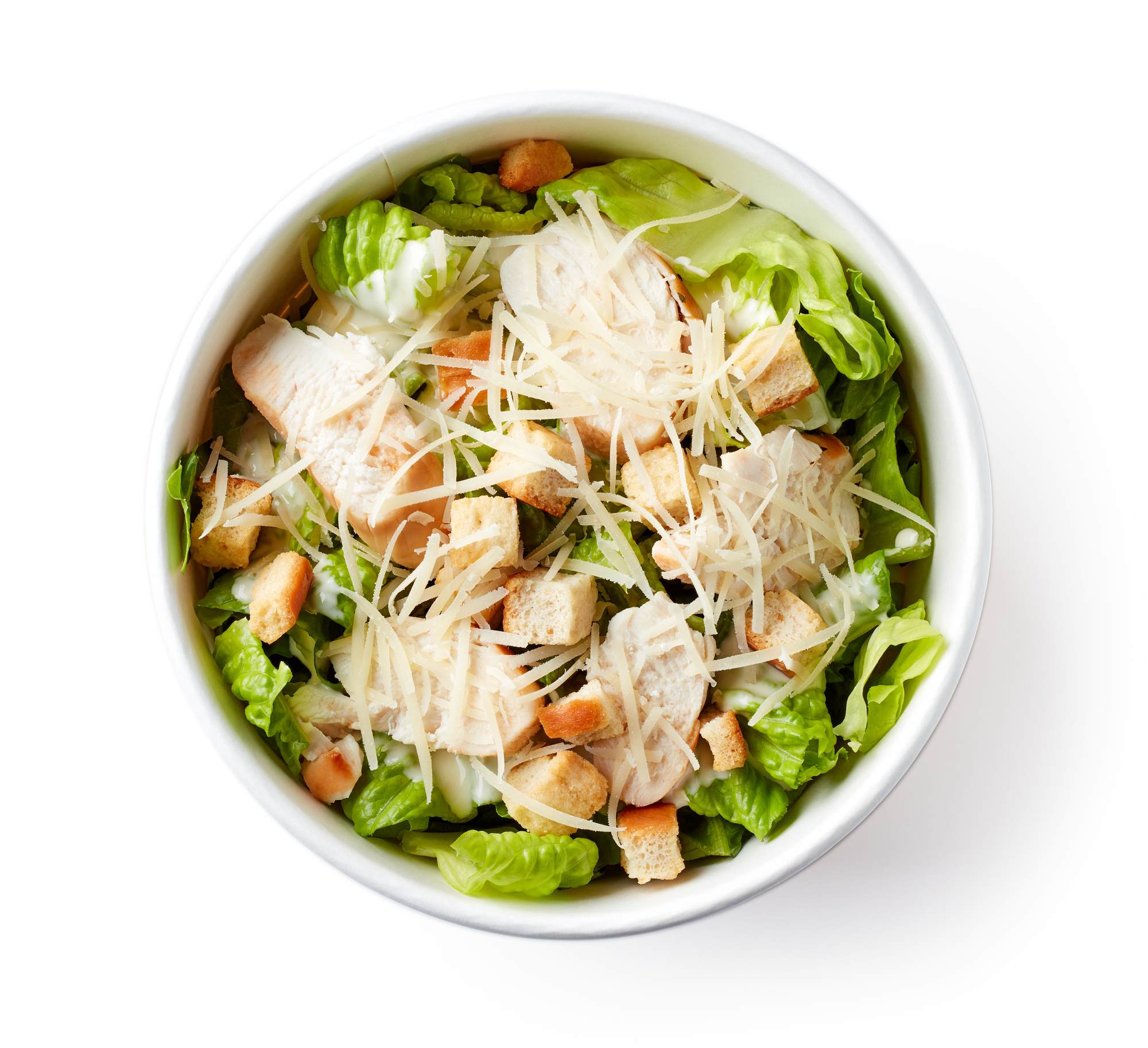 Caesar salad in paper bowl for take away, isolated on white background, top view